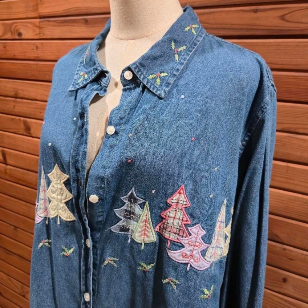 Vintage White Stag Plus Size Womens 18/20W Denim Christmas Button Down Cottage